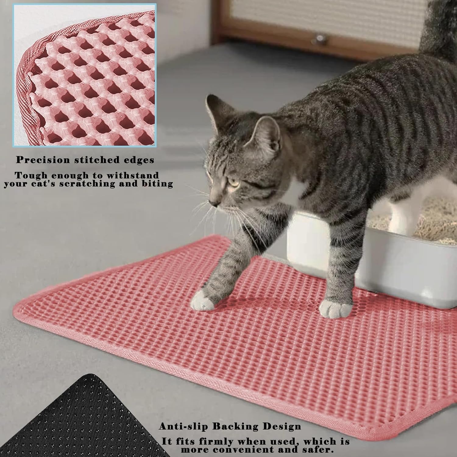 Cat Litter Mat, Honeycomb Double Layer Cat Litter Trapping Mat, Waterproof Urine Proof Non-Slip, Scatter Control, Less Waste, Easier to Clean, Pink, 24" X 18"