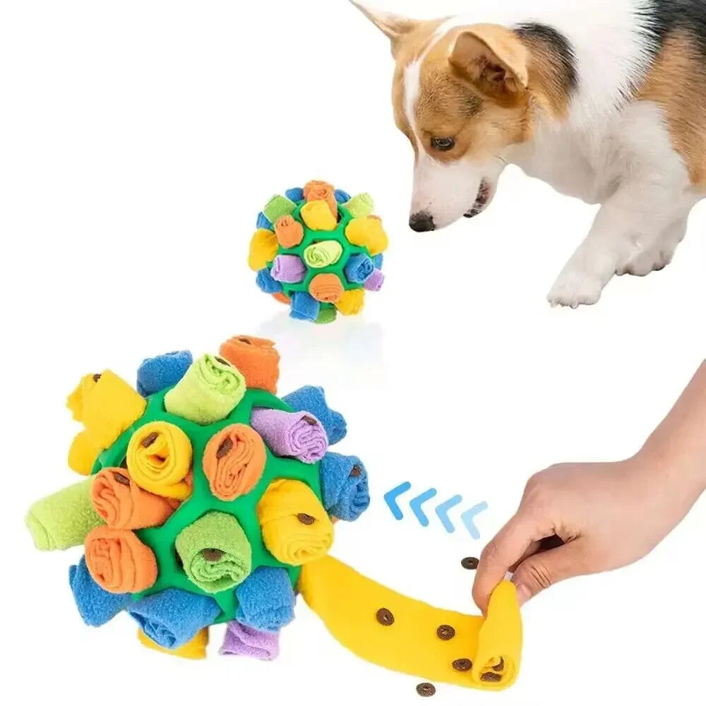 Portable dog enrichment snuffle ball in bright colors