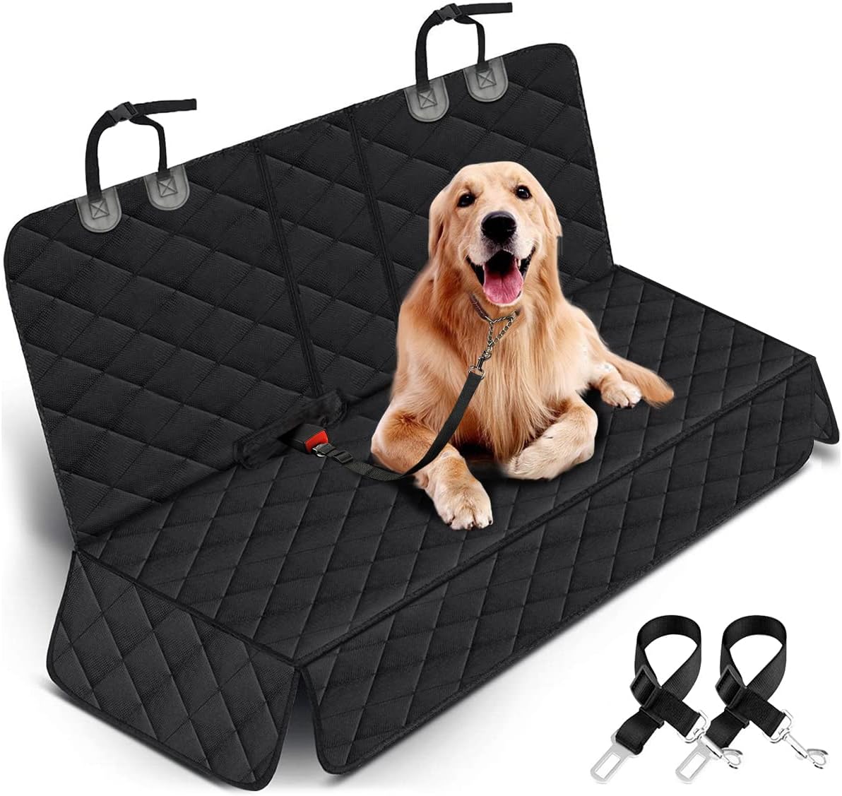 Wag Cabin RoadShield black waterproof dog car seat cover installed on rear bench