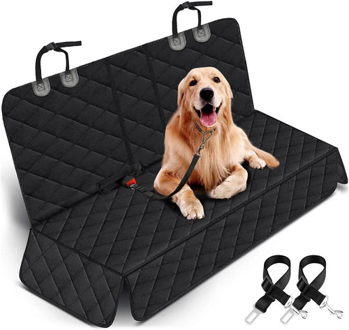 Wag Cabin RoadShield black waterproof dog car seat cover installed on rear bench