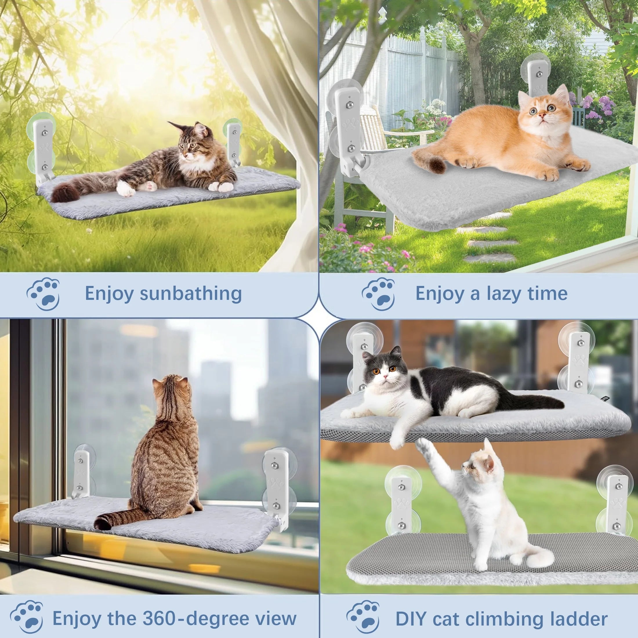 Cat Window Perch, Foldable Cat Window Bed Holds 33 Lbs Indoor with 4 Suction Cups, Reversible Fabric Washable Cover, Grey