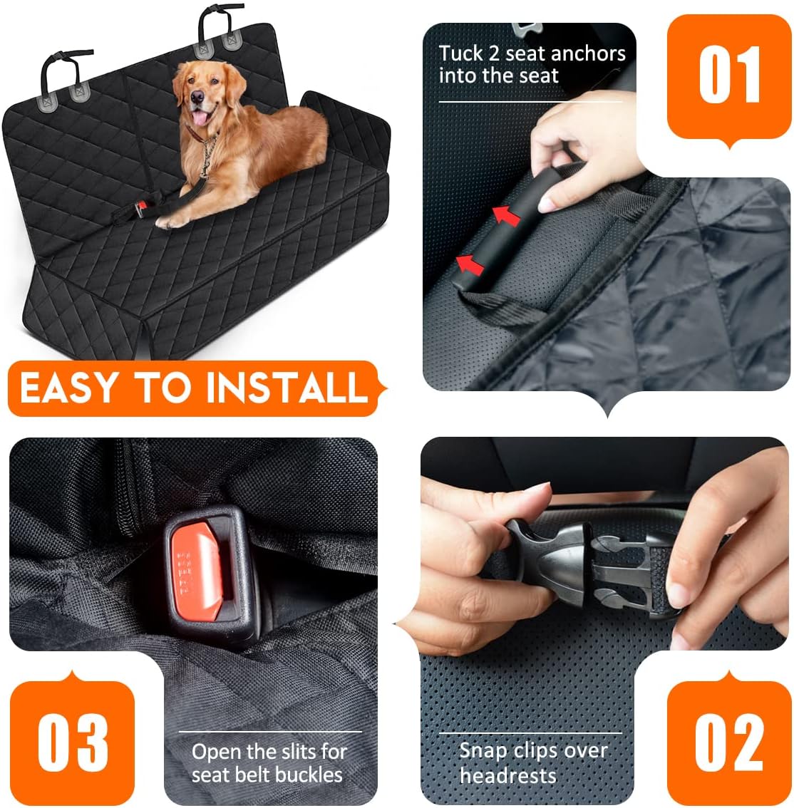 Dog travel seat cover showing seat belt opening and black quilted surface
