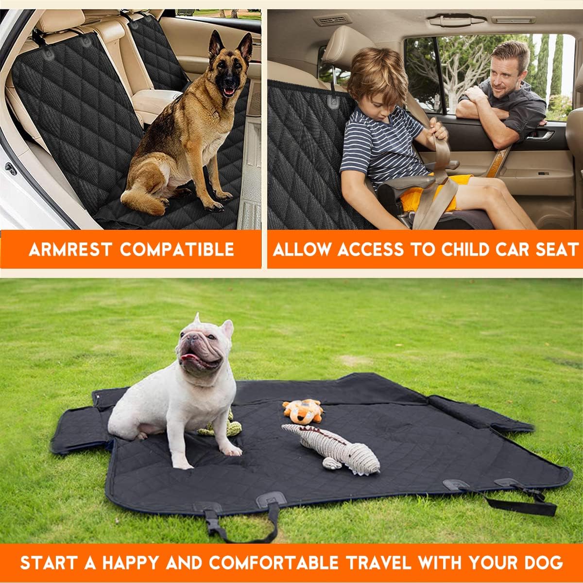 Folded black dog car seat cover and travel protection details