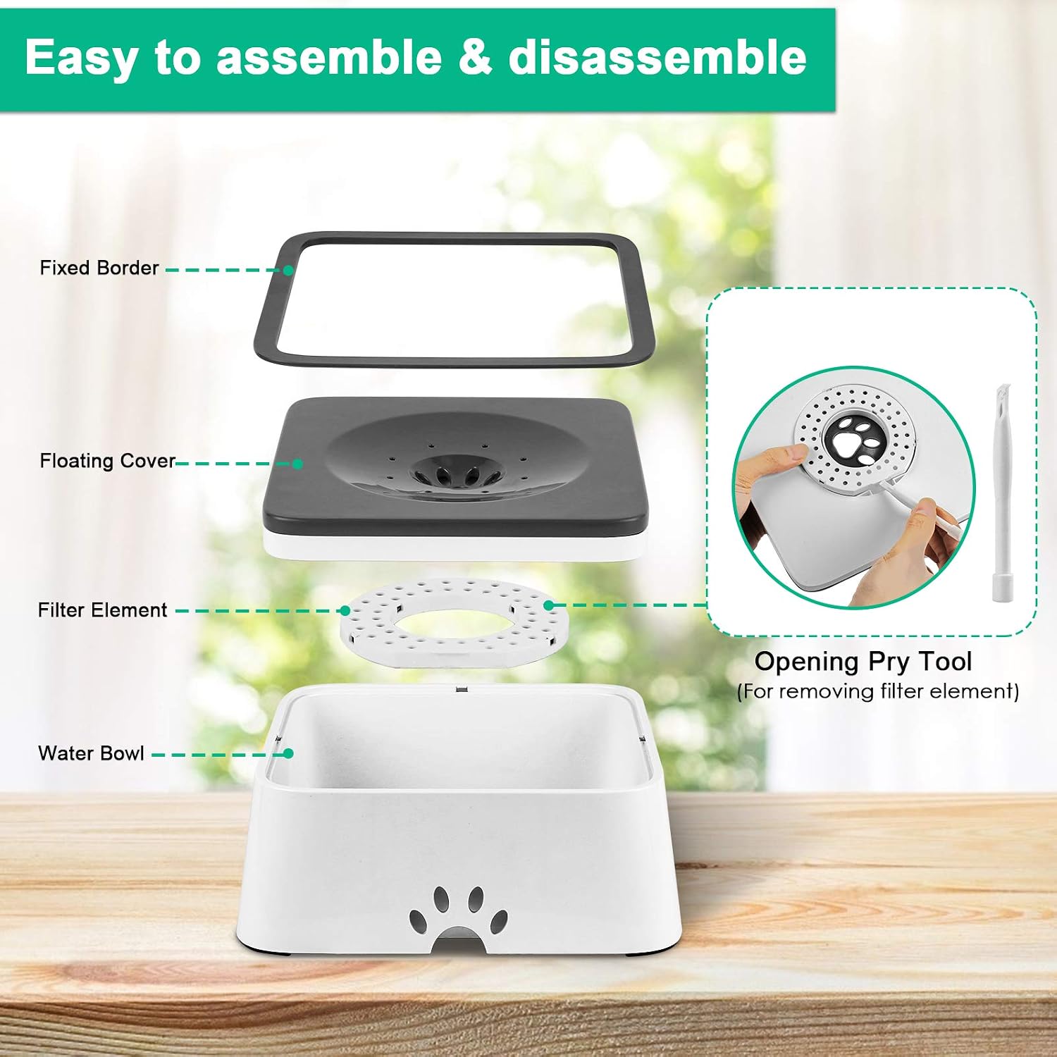 Dog travel bowl showing splash rim and removable parts