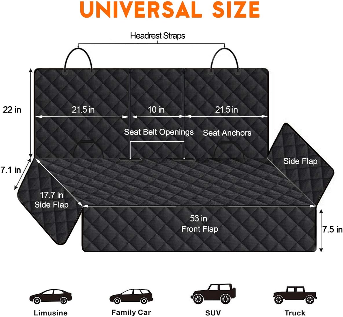 Waterproof dog car seat cover detail with seat anchor and headrest straps