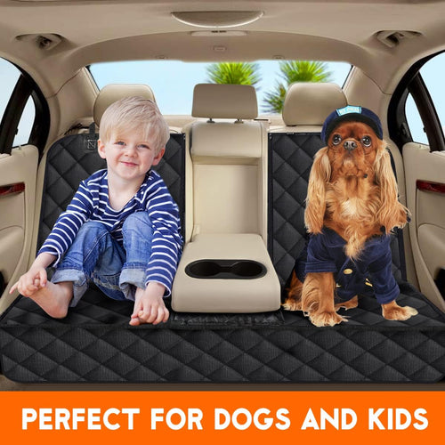 Black dog car seat cover showing rear bench fit and protective surface