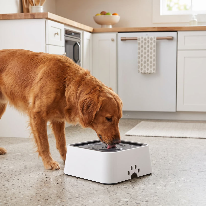 Dog drinking from Wag Cabin AquaRest no-spill bowl in a bright kitchen