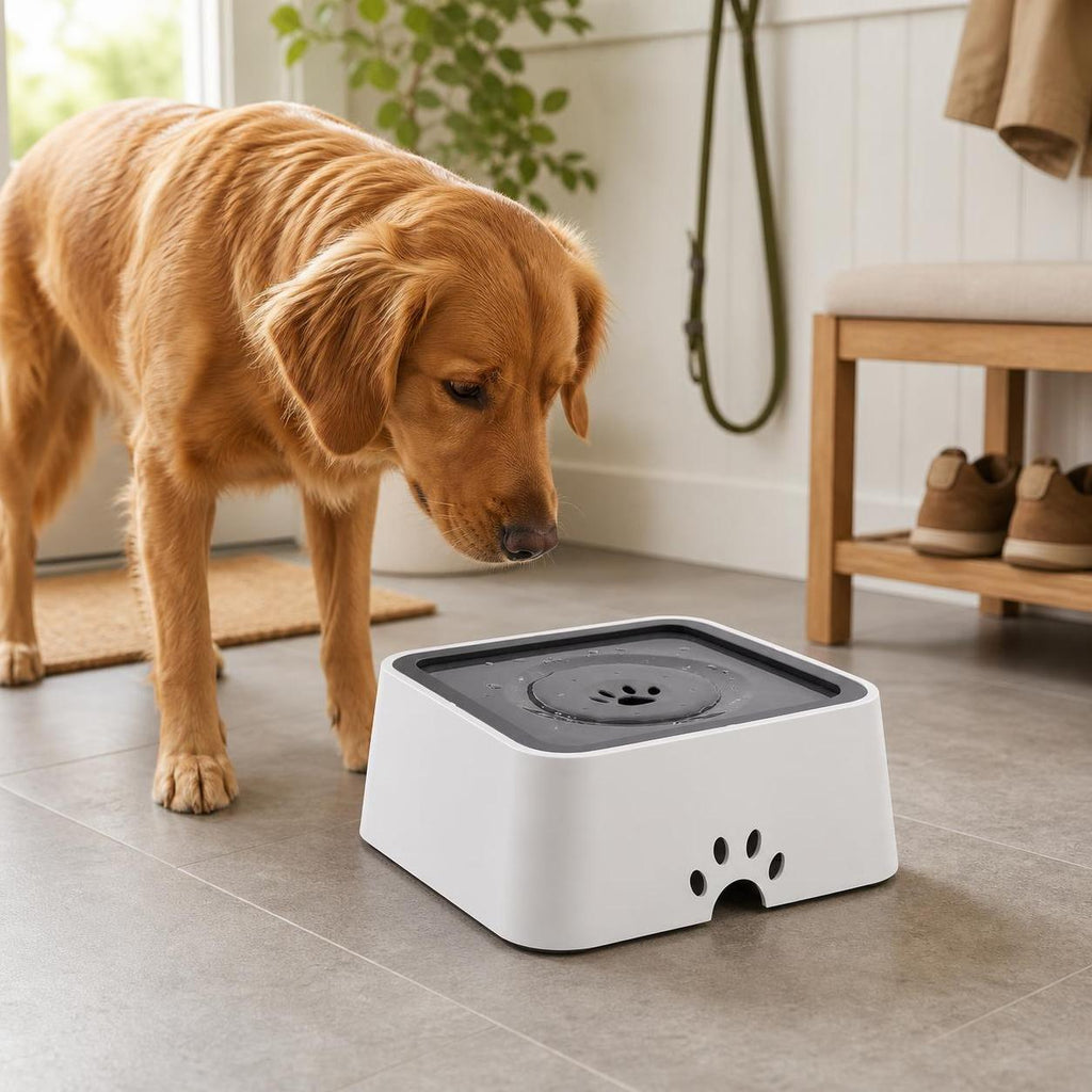 Wag Cabin AquaRest no-spill dog bowl in an entryway after a walk