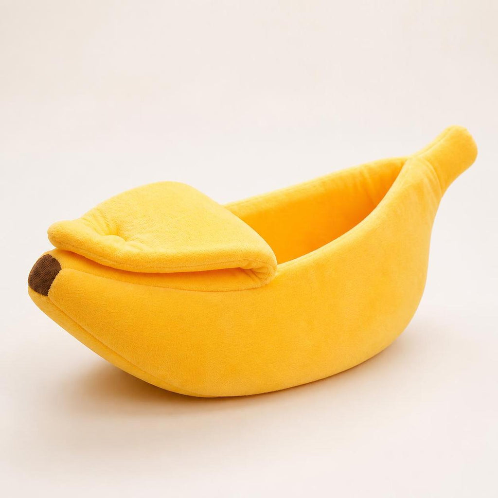 BananaNap yellow plush banana cat bed front three-quarter studio view