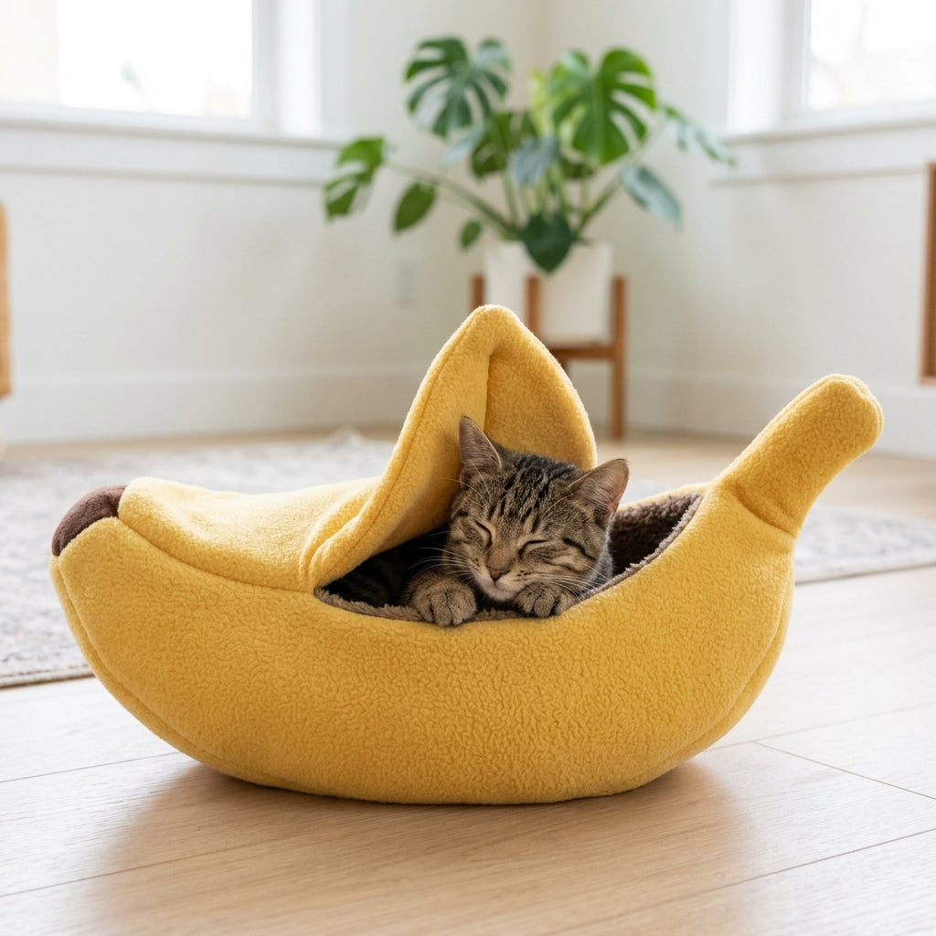 Kitten resting in the BananaNap plush banana cat bed at home