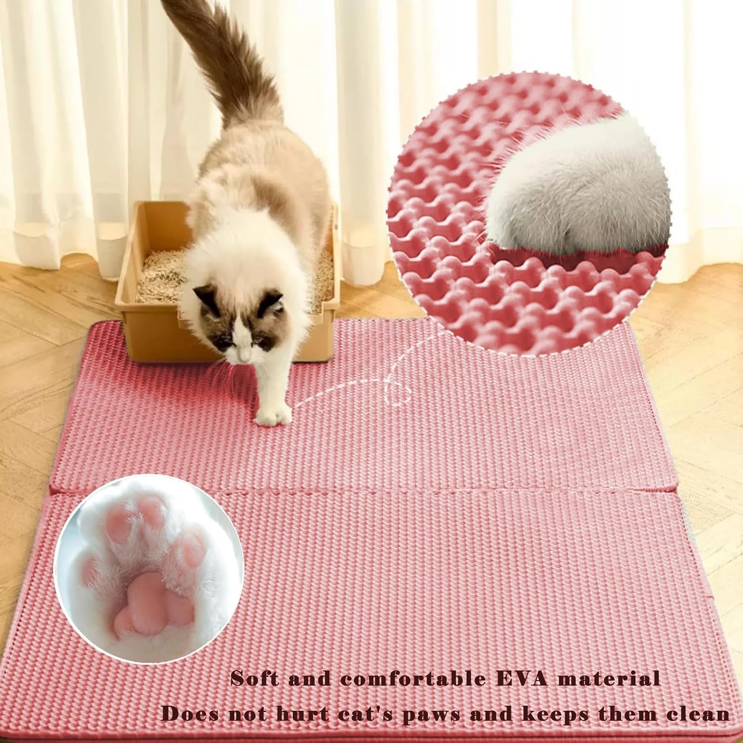 Cat Litter Mat, Honeycomb Double Layer Cat Litter Trapping Mat, Waterproof Urine Proof Non-Slip, Scatter Control, Less Waste, Easier to Clean, Pink, 24" X 18"