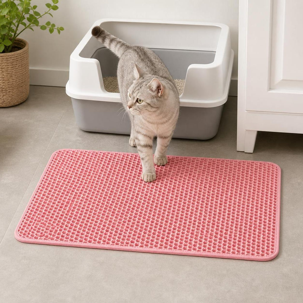 CleanStep pink litter mat in a tidy litter box entryway