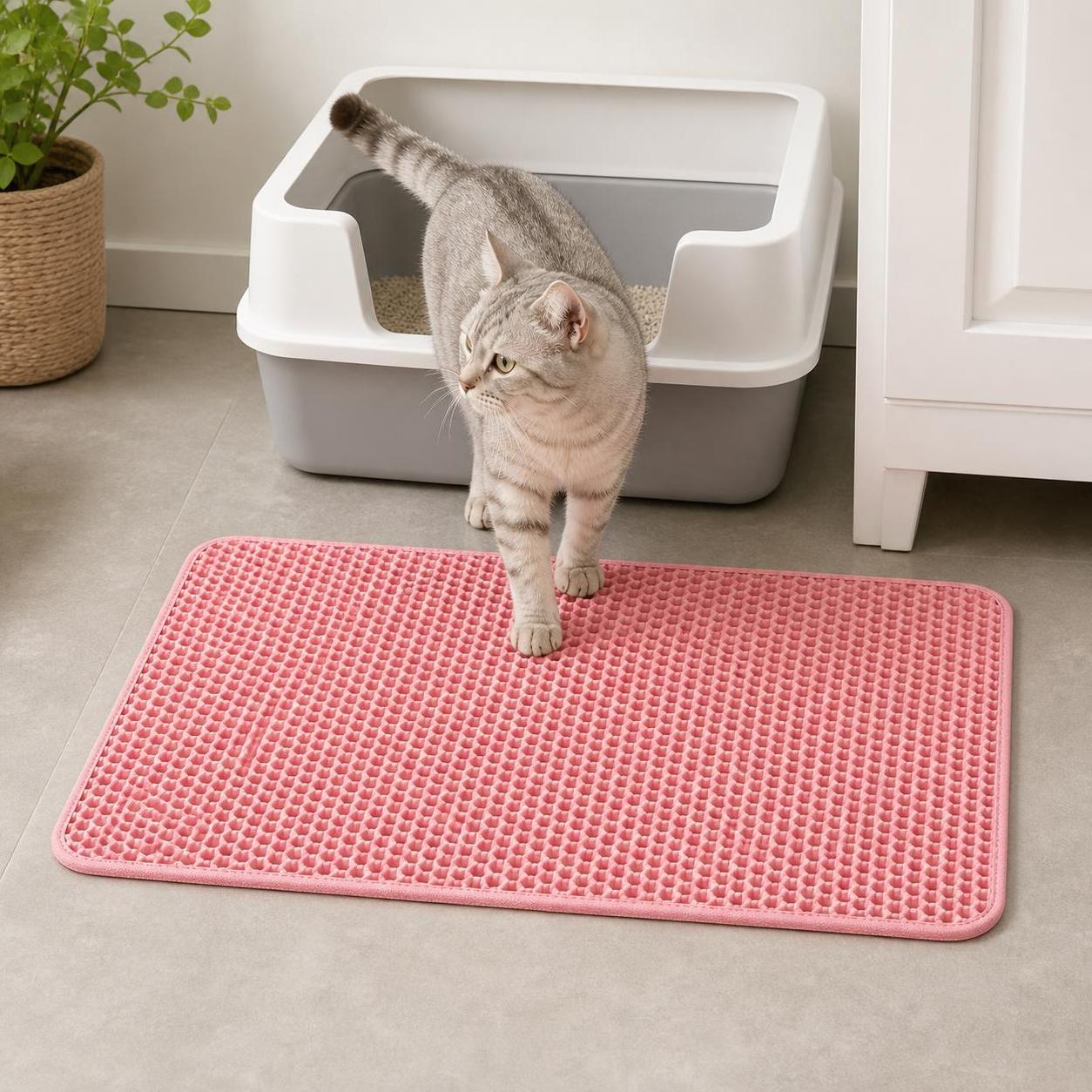 CleanStep pink litter mat in a tidy litter box entryway