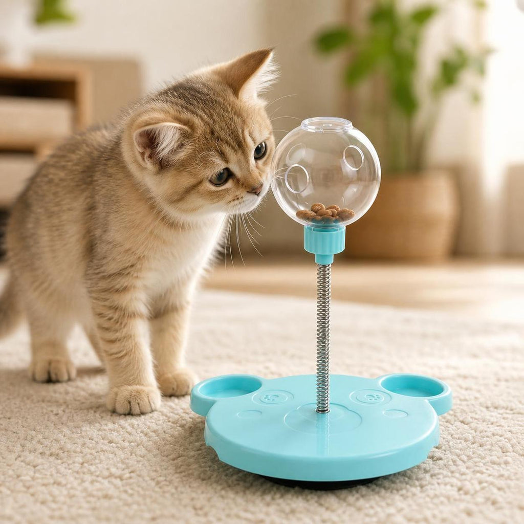 Kitten sniffing the PuzzlePounce blue treat puzzle toy on a clean rug