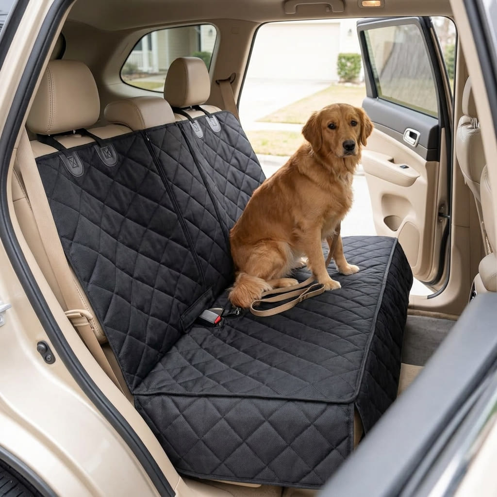 RoadShield waterproof dog car seat cover lifestyle image with dog seated for a ride