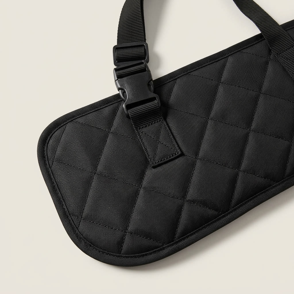 RoadShield quilted waterproof fabric and headrest strap detail close-up