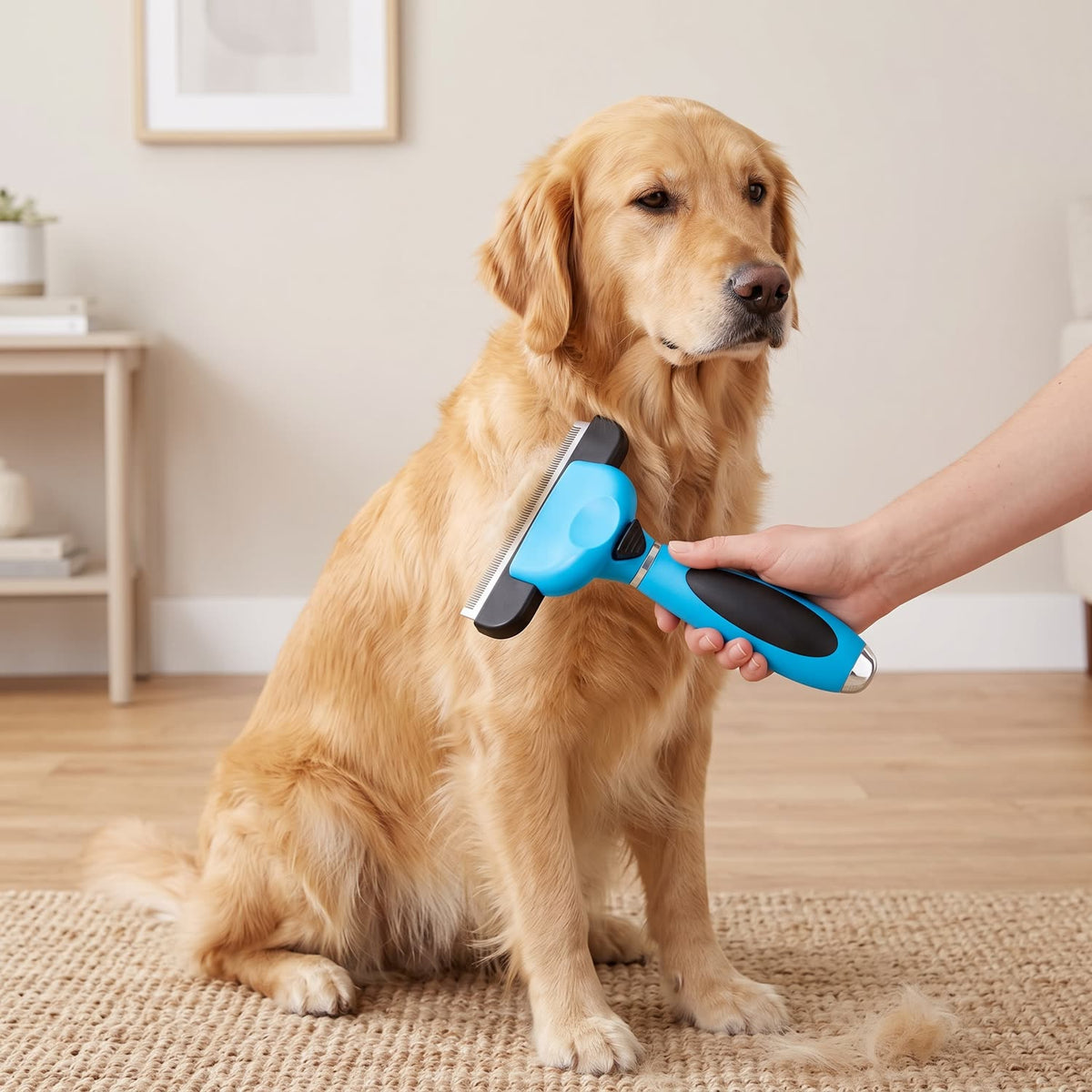 Dog being gently groomed at home with Wag Cabin ShedEase brush
