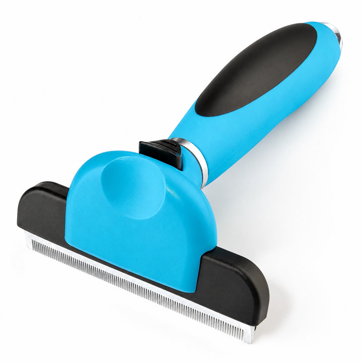 Wag Cabin ShedEase blue pet grooming brush on white background