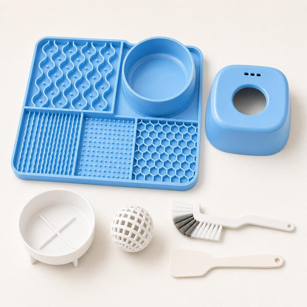 Wag Cabin SlowMunch removable bowl lick ball brush and spatula components