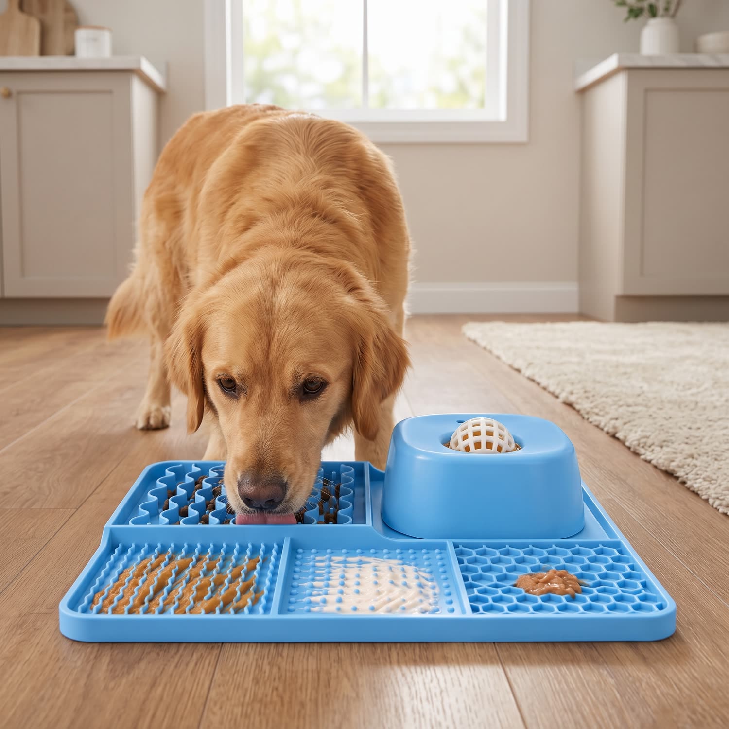 Dog using Wag Cabin SlowMunch lick mat and slow feeder at home