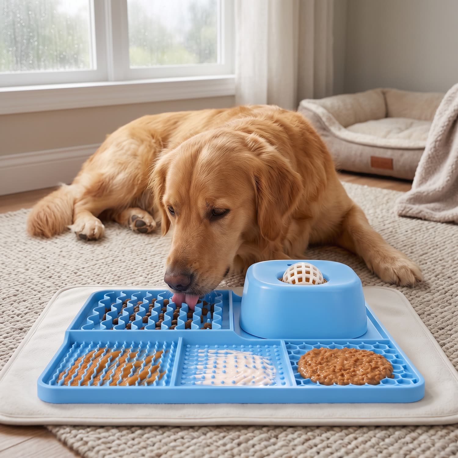 Wag Cabin SlowMunch blue enrichment mat during a calm indoor break