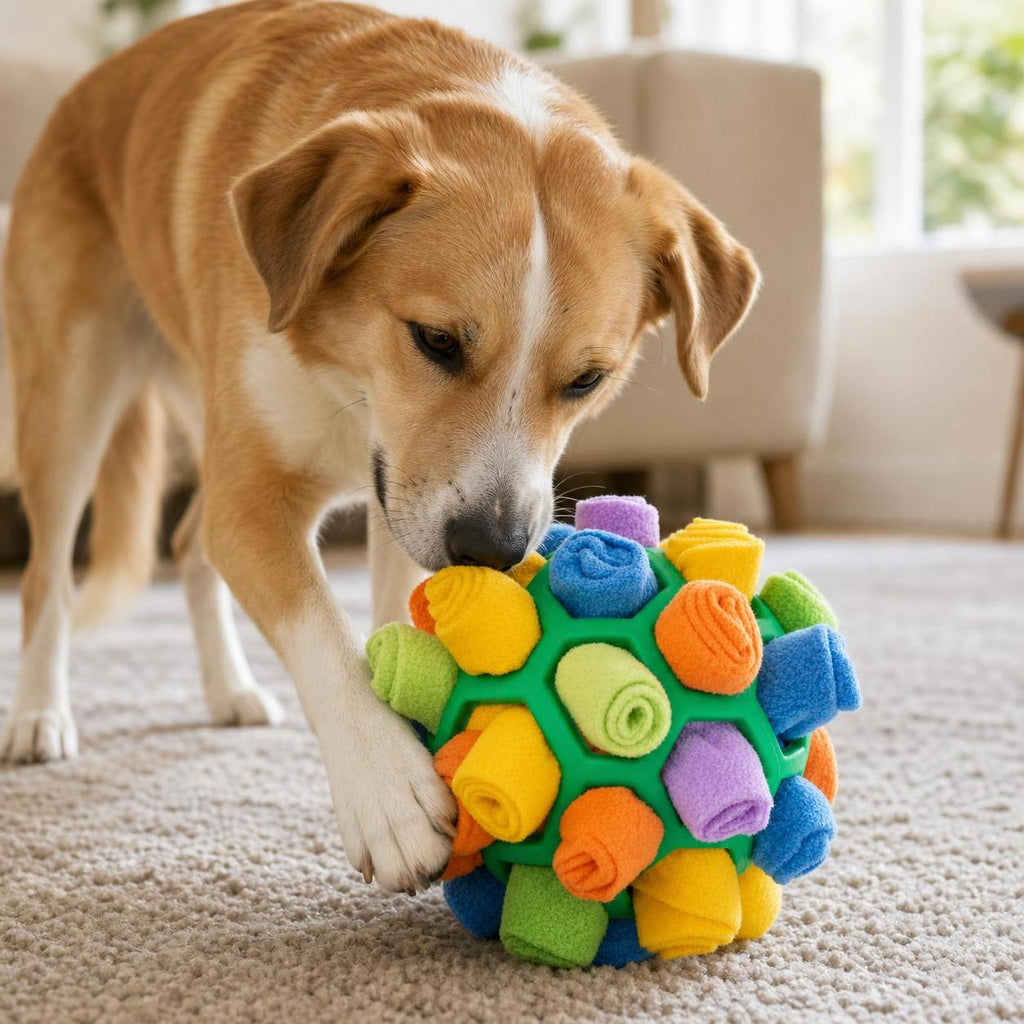 Dog sniffing a green Wag Cabin SniffQuest snuffle ball indoors on a rug