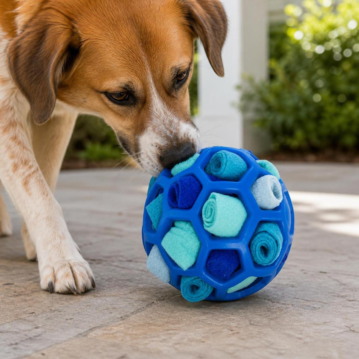 Dog nudging a blue Wag Cabin SniffQuest snuffle ball on a clean patio