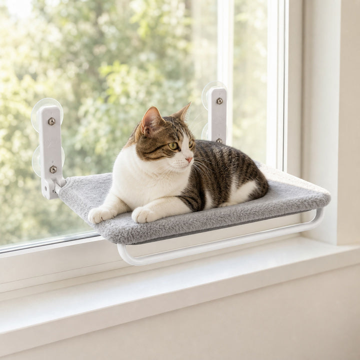 Cat resting on Wag Cabin SunnySeat window perch in a bright home window