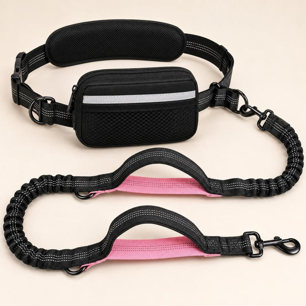 Wag Cabin TrailLoop pink and black hands-free leash set with waist pouch on studio background