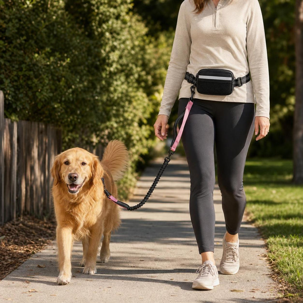Wag Cabin TrailLoop hands-free leash worn during a neighborhood dog walk