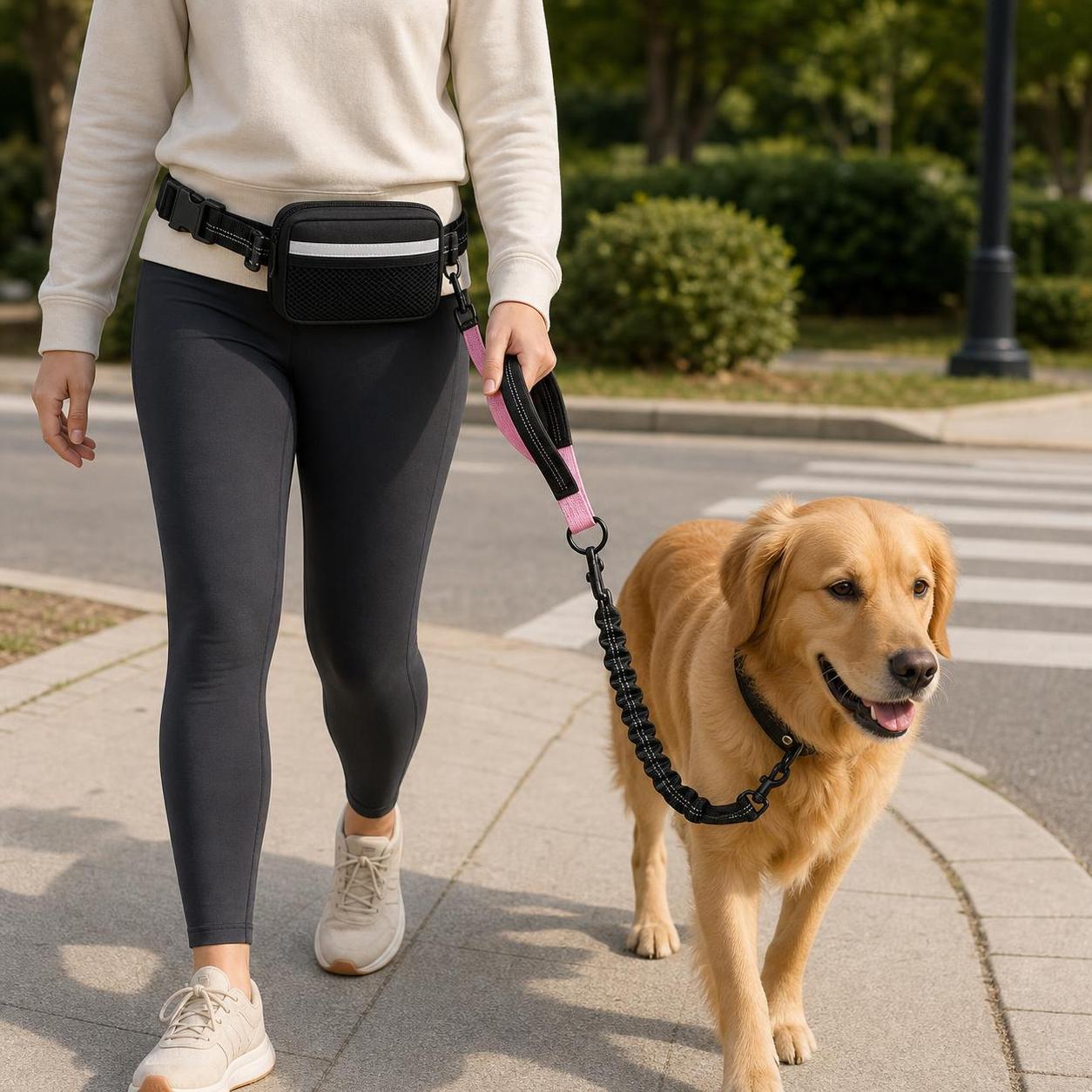 Wag Cabin TrailLoop leash close-control handle used on a sidewalk walk