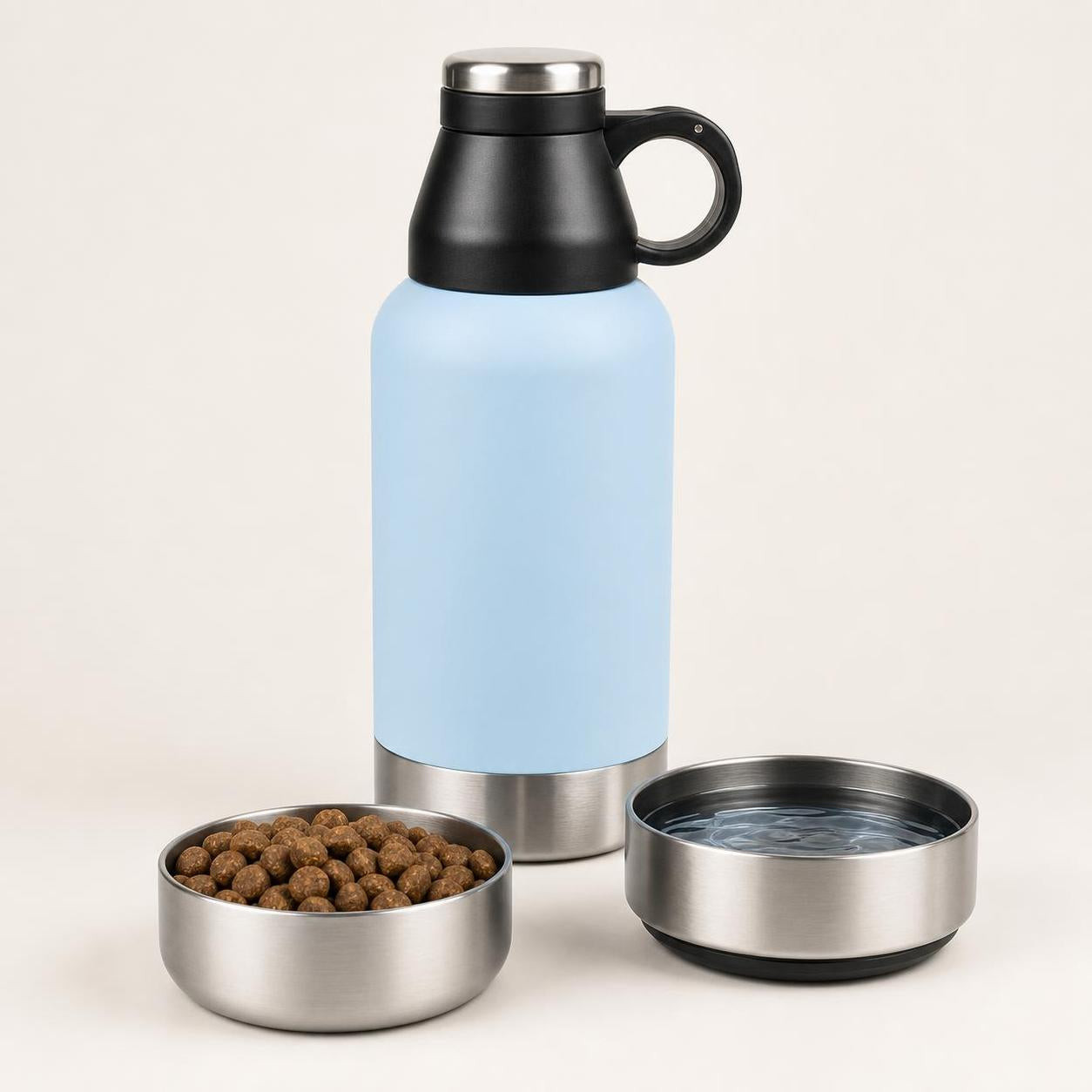 Wag Cabin TrailSip blue portable dog water bottle with two stainless removable bowls