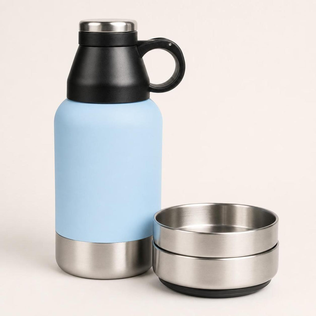 Wag Cabin TrailSip side view with black handle and stacked stainless bowls