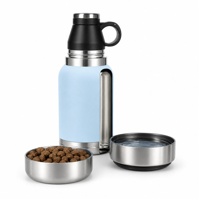 Wag Cabin TrailSip blue portable dog water bottle with removable bowls