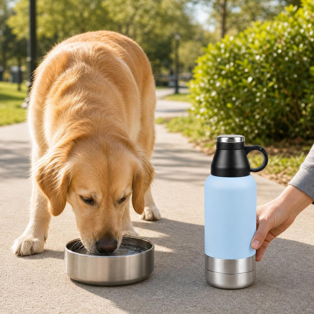 Dog drinking from Wag Cabin TrailSip stainless bowl during a neighborhood walk