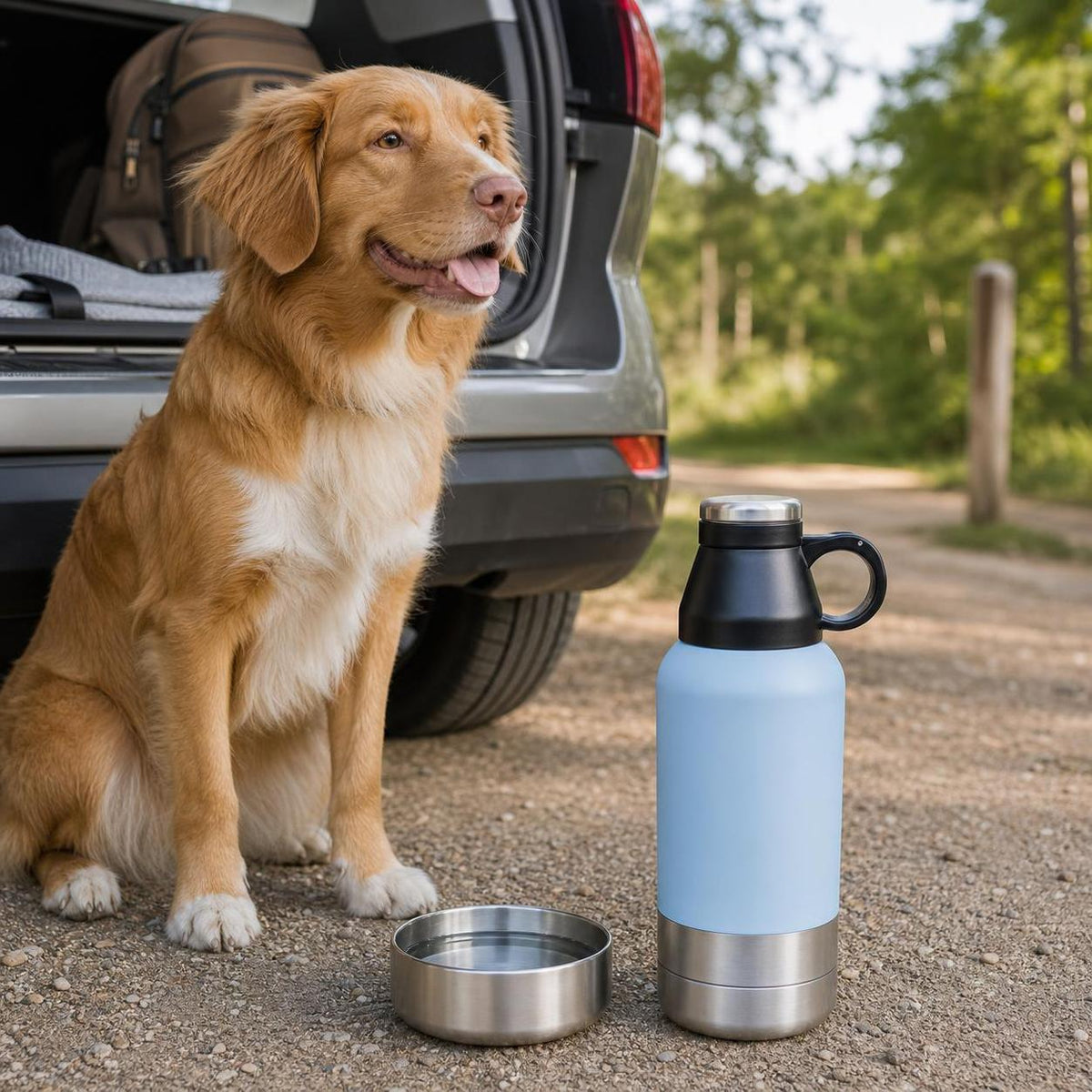 Wag Cabin TrailSip blue dog water bottle and bowl at a trailhead car stop