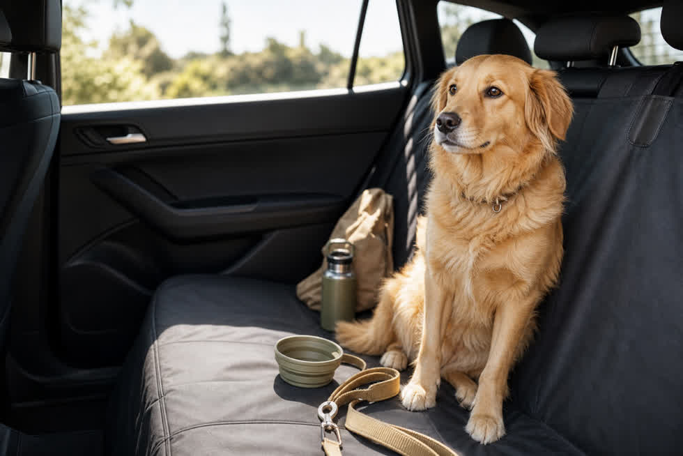 Dog sitting calmly on a clean waterproof back-seat cover in a car